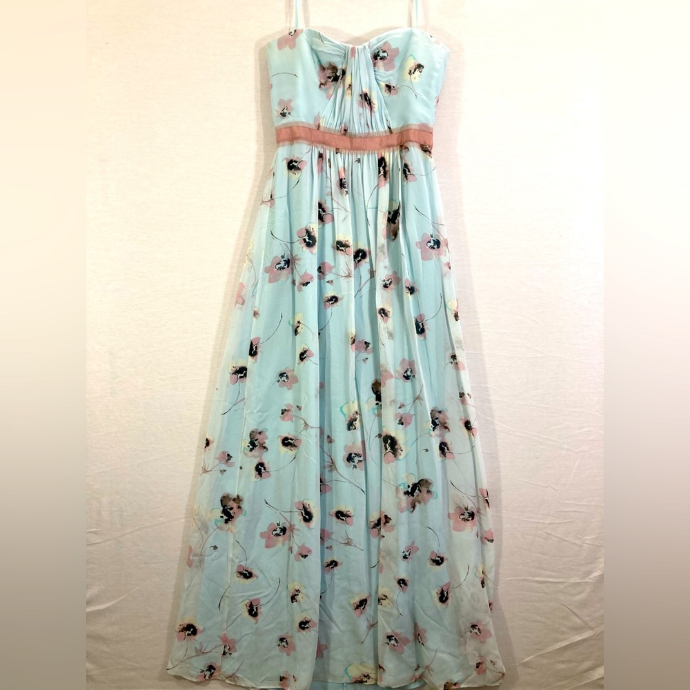BCBGMaxAzria Blue Floral Strapless 100% Silk Maxi Dress Size 4